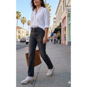 Madewell The Mid-Rise Kick Out Crop Jeans Black Raw Hem Size 23 EUC